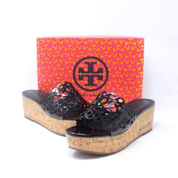 TORY BURCH Black Patent Leather Wedges - Picture 1 of 7